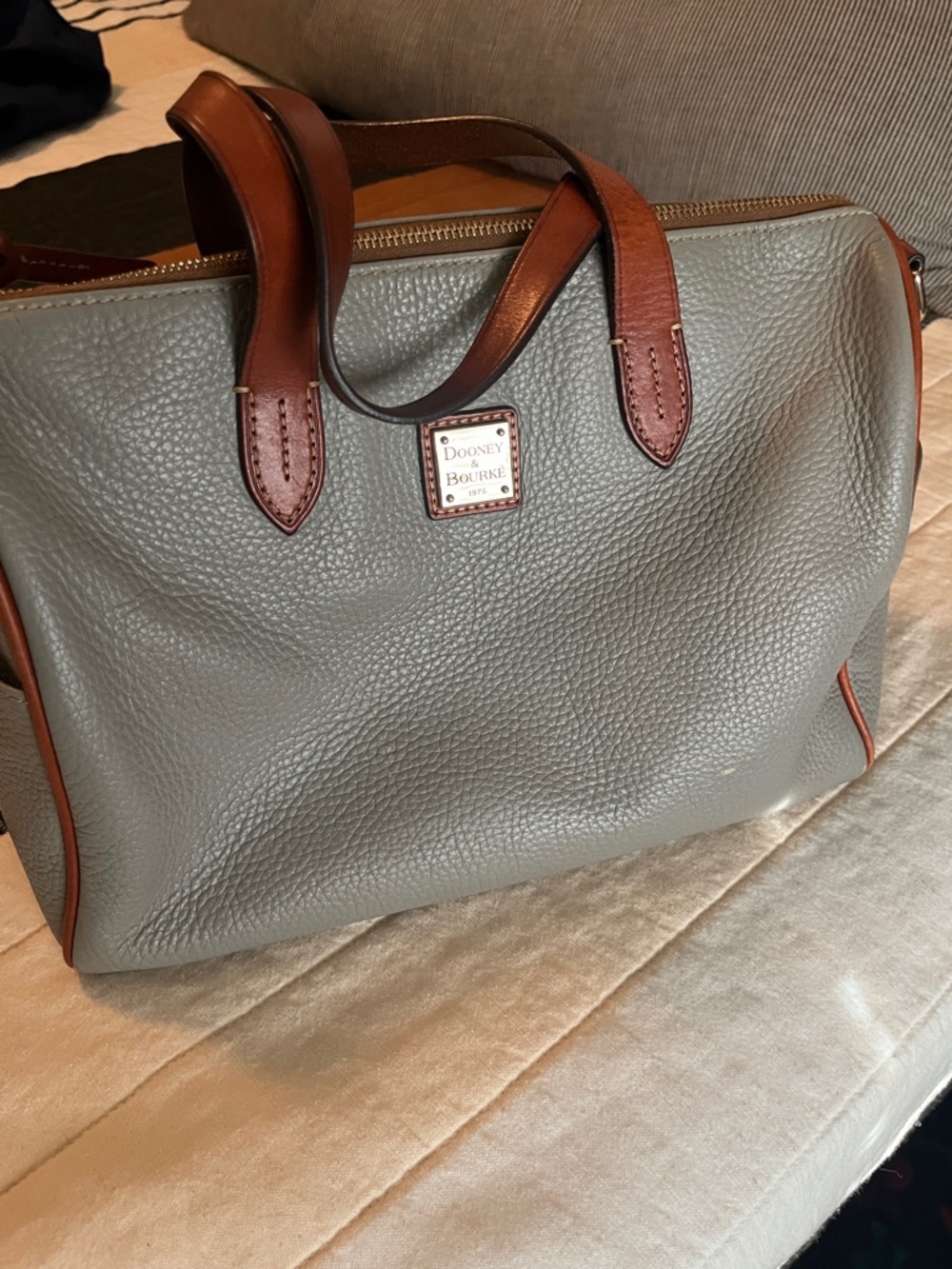 Dooney & Bourke Pebbled Leather Satchel in Grey with Brown Trim